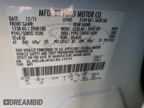 2012 Lincoln MKX with VIN 2LMDJ8JK2CBL13731, listed as a Copart auction lot 47603885 with 171,251 mi miles and Salvage Title. Bid and sale history available at DreamBid. Image 13.
