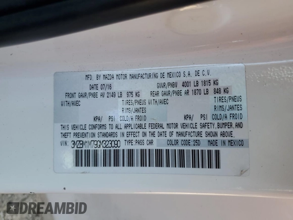 2016 Mazda 3 i Touring with VIN 3MZBM1M79GM323090, listed as a Copart auction lot 52613855 with 148,911 mi miles and Salvage Title. Bid and sale history available at DreamBid. Image 13.