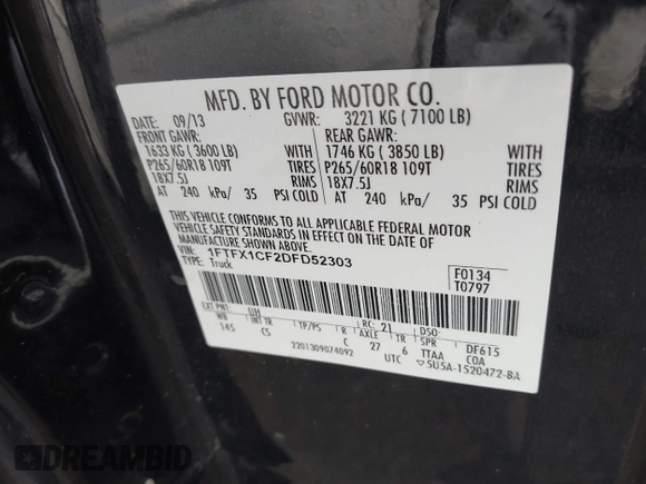2013 Ford F-150 XL with VIN 1FTFX1CF2DFD52303, listed as a IAAI auction lot 42306803 with 173,728 mi miles and . Bid and sale history available at DreamBid. Image 9.