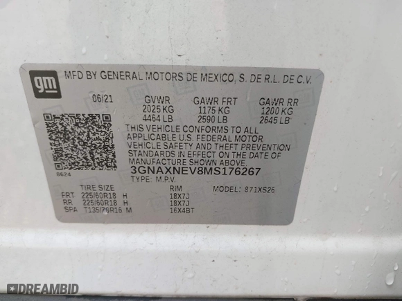 2021 Chevrolet Equinox Premier with VIN 3GNAXNEV8MS176267, listed as a IAAI auction lot 41639725 with 85,573 mi miles. Bid and sale history available at carsss.com. Image 9.