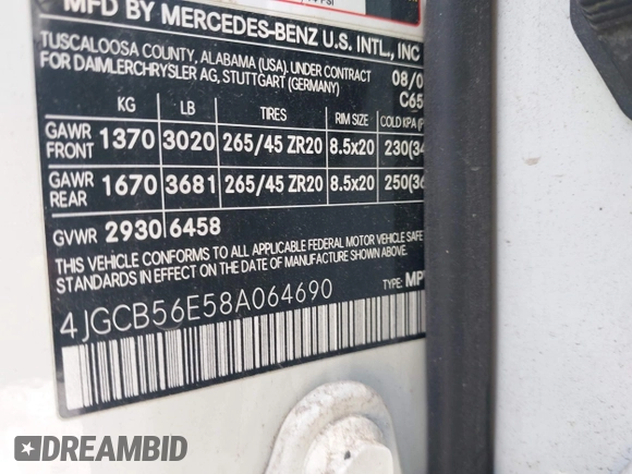 2008 Mercedes-Benz R 3.5L with VIN 4JGCB56E58A064690, listed as a IAAI auction lot 42522618 with 186,147 mi miles and . Bid and sale history available at DreamBid. Image 9.