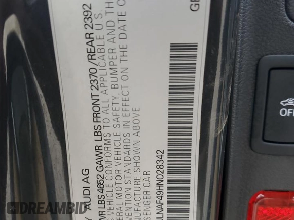 2017 Audi A4 Premium Plus with VIN WAULNAF49HN028342, listed as a Copart auction lot 84749944 with 66,932 mi miles and Salvage Title. Bid and sale history available at carsss.com. Image 13.