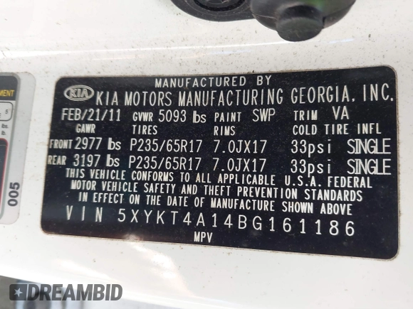 2011 Kia Sorento LX with VIN 5XYKT4A14BG161186, listed as a IAAI auction lot 41788519 with 163,375 mi miles. Bid and sale history available at carsss.com. Image 9.