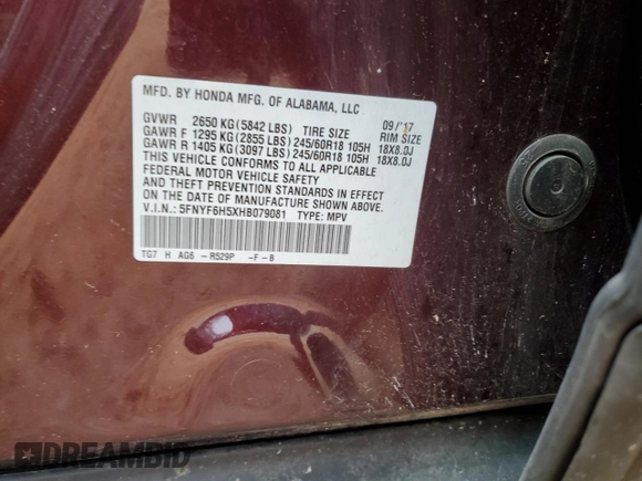2017 Honda Pilot EX-L with VIN 5FNYF6H5XHB079081, listed as a Copart auction lot 54656305 with 197,010 mi miles and Salvage title. Bid and sale history available at DreamBid. Image 13.
