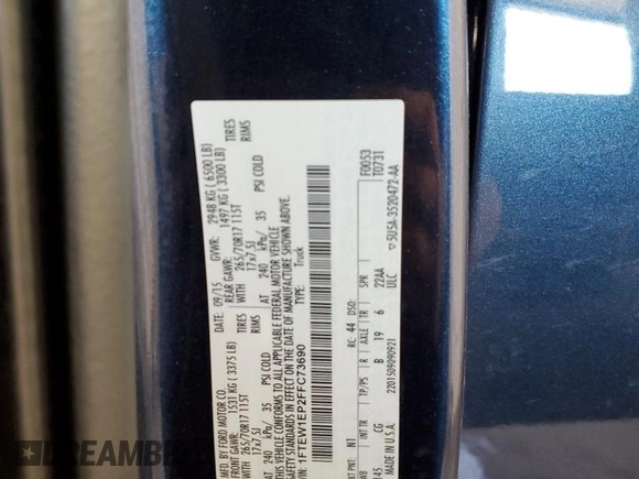 2015 Ford F-150 XLT with VIN 1FTEW1EP2FFC73690, listed as a Copart auction lot 61154355 with 145,389 mi miles and Salvage title. Bid and sale history available at DreamBid. Image 12.