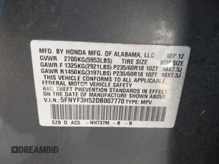 2013 Honda Pilot EX-L with VIN 5FNYF3H52DB007770, listed as a IAAI auction lot 41773226 with 177,208 mi miles. Bid and sale history available at carsss.com. Image 9.