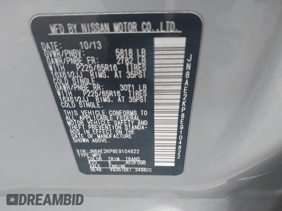 2014 Nissan Quest SL with VIN JN8AE2KP8E9104822, listed as a IAAI auction lot 42032346 with 90,558 mi miles. Bid and sale history available at carsss.com. Image 9.