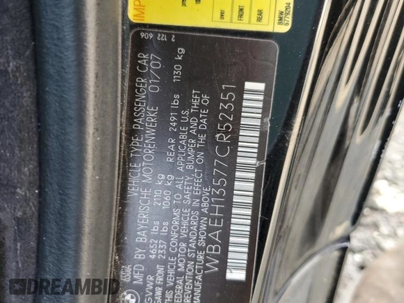2007 BMW 6 Series 650i z VIN WBAEH13577CR52351, wystawiony jako Copart lot #72886154 z przebiegiem 77 410 mil mil oraz Szkoda całkowita • Salvage title. Historia ofert i sprzedaży dostępna na DreamBid. Obrazek 12.