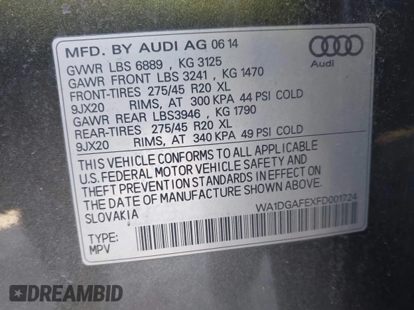 2015 Audi Q7 3.0T S line Prestige with VIN WA1DGAFEXFD001724, listed as a IAAI auction lot 41367612 with 57,066 mi miles. Bid and sale history available at carsss.com. Image 9.