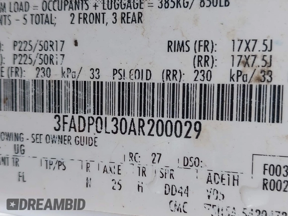 2010 Ford Fusion Hybrid with VIN 3FADP0L30AR200029, listed as a IAAI auction lot 42394846 with 192,634 mi miles and . Bid and sale history available at DreamBid. Image 9.