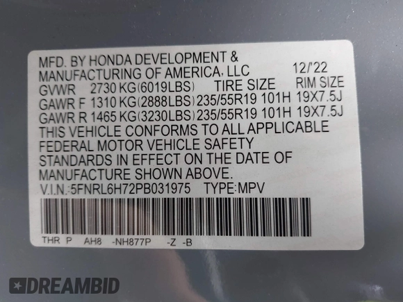 2023 Honda Odyssey Sport z VIN 5FNRL6H72PB031975, wystawiony jako IAAI lot #42047457 z przebiegiem 34 886 mil mil oraz . Historia ofert i sprzedaży dostępna na DreamBid. Obrazek 9.