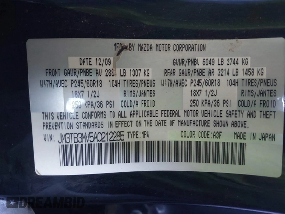 2010 Mazda CX-9 Touring with VIN JM3TB3MV5A0212285, listed as a IAAI auction lot 41651652 with 144,626 mi miles and . Bid and sale history available at carsss.com. Image 9.