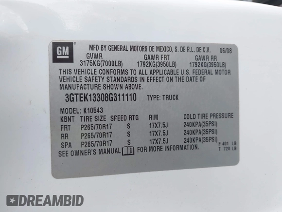2008 GMC Sierra 1500 SLE1 z VIN 3GTEK13308G311110, wystawiony jako IAAI lot #42095136 z przebiegiem 166 626 mil mil oraz . Historia ofert i sprzedaży dostępna na DreamBid. Obrazek 9.