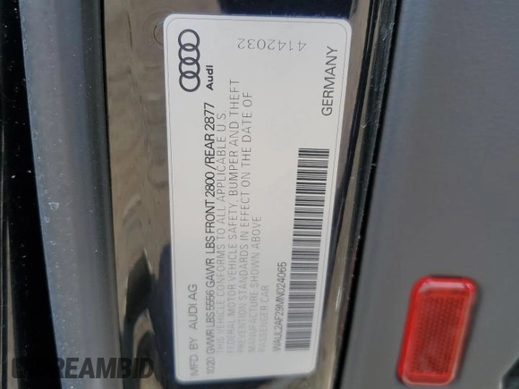 2021 Audi A6 Premium Plus with VIN WAUL2AF29MN024065, listed as a Copart auction lot 55937313 with 11,588 mi miles. Bid and sale history available at carsss.com. Image 12.