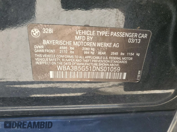 2013 BMW 3 Series 328i xDrive with VIN WBA3B5G51DNS01059, listed as a Copart auction lot 53052185 with Not provided miles and Clean title. Bid and sale history available at DreamBid. Image 12.