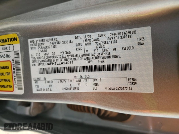 2020 Ford Ranger XL with VIN 1FTER4FH7LLA94011, listed as a Copart auction lot 59623335 with 62,892 mi miles and Salvage title. Bid and sale history available at DreamBid. Image 13.