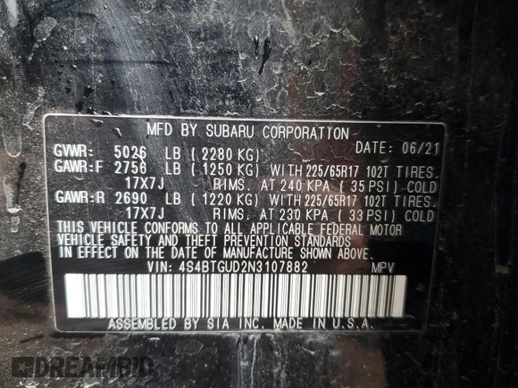 2022 Subaru Outback Wilderness with VIN 4S4BTGUD2N3107882, listed as a Copart auction lot 59008125 with Not provided miles and Salvage title. Bid and sale history available at DreamBid. Image 12.