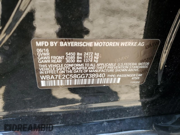 2016 BMW 7 Series 740i z VIN WBA7E2C58GG738940, wystawiony jako Copart lot #60503595 z przebiegiem 99 654 mil mil oraz Szkoda całkowita • Salvage title. Historia ofert i sprzedaży dostępna na DreamBid. Obrazek 12.
