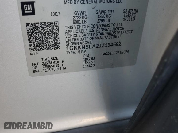 2018 GMC Acadia SLE with VIN 1GKKNSLA2JZ154592, listed as a Copart auction lot 45268085 with 118,369 mi miles and Salvage Title. Bid and sale history available at DreamBid. Image 13.
