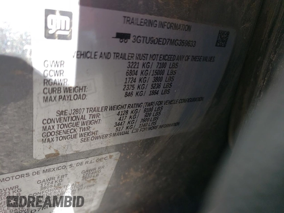 2021 GMC Sierra 1500 SLT z VIN 3GTU9DED7MG359633, wystawiony jako Copart lot #81780304 z przebiegiem 91 379 mil mil oraz Szkoda całkowita • Salvage title. Historia ofert i sprzedaży dostępna na DreamBid. Obrazek 15.