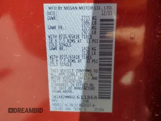 2016 Nissan Pathfinder Platinum with VIN 5N1AR2MM8GC611868, listed as a Copart auction lot 54077545 with 146,187 mi miles and Salvage Title. Bid and sale history available at carsss.com. Image 13.