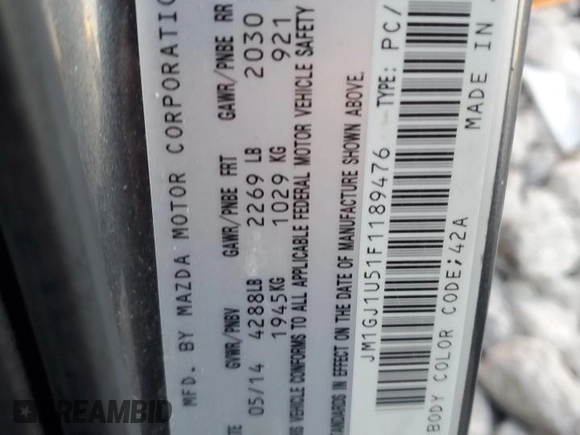 2015 Mazda 6 i Sport with VIN JM1GJ1U51F1189476, listed as a Copart auction lot 48227795 with Not Provided miles and Clean Title. Bid and sale history available at carsss.com. Image 13.