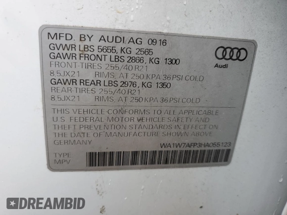 2017 Audi Q5 Prestige with VIN WA1W7AFP3HA055123, listed as a Copart auction lot 46099074 with 156,186 mi miles. Bid and sale history available at carsss.com. Image 12.