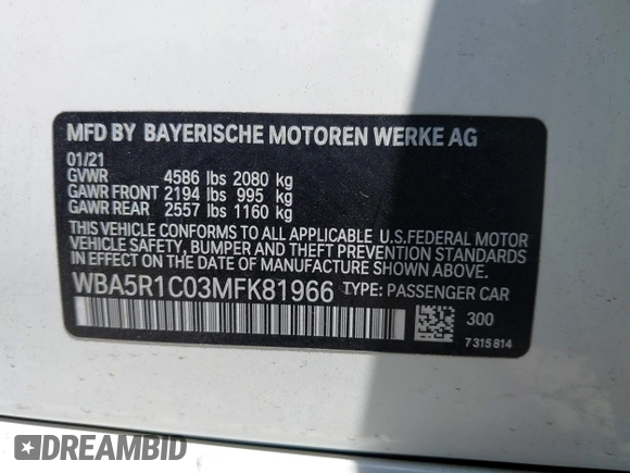 2021 BMW 3 Series 330i с VIN WBA5R1C03MFK81966, выставлен на аукционе IAAI как лот 42483816 с пробегом 50 176 миль миль и . История ставок и продаж доступна на DreamBid. Изображение 9.