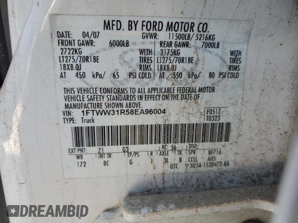2008 Ford F-350 XL with VIN 1FTWW31R58EA96004, listed as a Copart auction lot 85605434 with Not Provided miles and Clean Title. Bid and sale history available at DreamBid. Image 12.