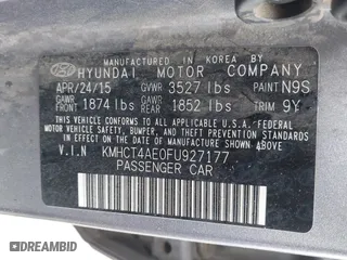 2015 Hyundai Accent GLS with VIN KMHCT4AE0FU927177, listed as a IAAI auction lot 41559026 with 181,703 mi miles. Bid and sale history available at carsss.com. Image 9.