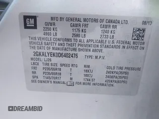 2013 GMC Terrain Denali with VIN 2GKALYEK0D6402476, listed as a IAAI auction lot 41447367 with 182,398 mi miles and . Bid and sale history available at DreamBid. Image 9.