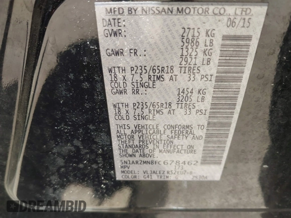 2015 Nissan Pathfinder SV z VIN 5N1AR2MN8FC678462, wystawiony jako IAAI lot #42531191 z przebiegiem 176 673 mil mil oraz . Historia ofert i sprzedaży dostępna na DreamBid. Obrazek 9.
