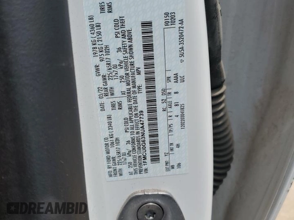 2022 Ford Escape SE with VIN 1FMCU0G63NUA47739, listed as a Copart auction lot 60136605 with 70,354 mi miles and Clean title. Bid and sale history available at DreamBid. Image 13.