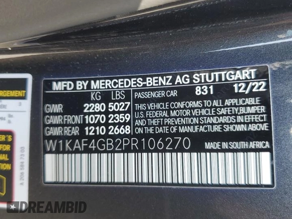 2023 Mercedes-Benz C 300 with VIN W1KAF4GB2PR106270, listed as a Copart auction lot 59403885 with 17,554 mi miles and Salvage title. Bid and sale history available at DreamBid. Image 13.