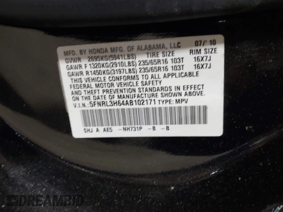 2010 Honda Odyssey EX-L with VIN 5FNRL3H64AB102171, listed as a IAAI auction lot 41966366 with 151,118 mi miles. Bid and sale history available at carsss.com. Image 9.