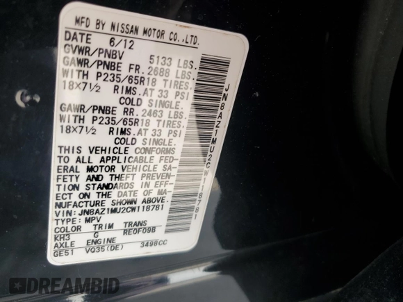 2012 Nissan Murano S with VIN JN8AZ1MU2CW118781, listed as a Copart auction lot 68756484 with 0 mi miles and Clean Title. Bid and sale history available at carsss.com. Image 13.