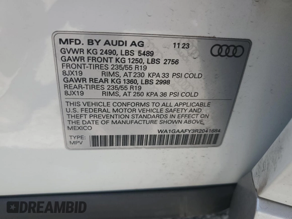 2024 Audi Q5 S line Premium with VIN WA1GAAFY3R2041684, listed as a Copart auction lot 58848705 with 13,434 mi miles and Salvage title. Bid and sale history available at DreamBid. Image 13.