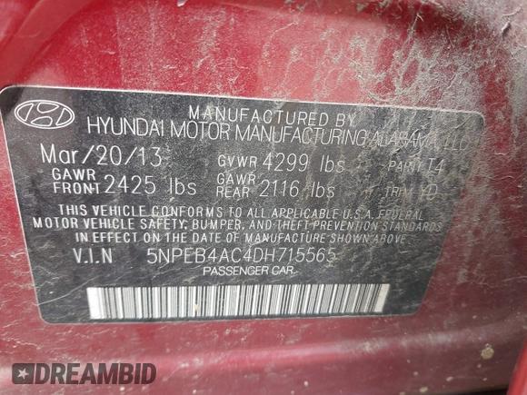 2013 Hyundai Sonata GLS z VIN 5NPEB4AC4DH715565, wystawiony jako IAAI lot #41737310 z przebiegiem 176 665 mil mil oraz . Historia ofert i sprzedaży dostępna na DreamBid. Obrazek 9.