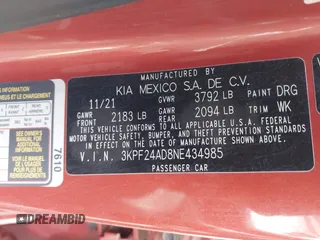 2022 Kia Forte LXS z VIN 3KPF24AD8NE434985, wystawiony jako IAAI lot #41797267 z przebiegiem 50 704 mil mil oraz . Historia ofert i sprzedaży dostępna na DreamBid. Obrazek 9.