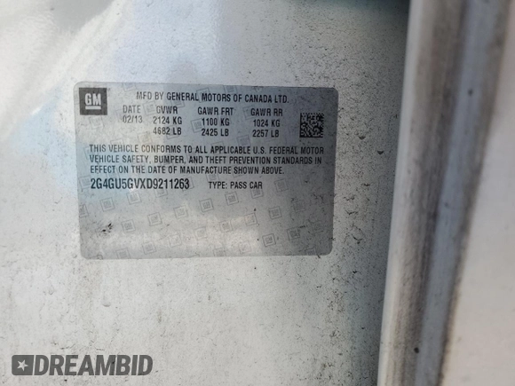 2013 Buick Regal Turbo Premium 3 with VIN 2G4GU5GVXD9211263, listed as a Copart auction lot 42377025 with Not provided miles and Salvage title. Bid and sale history available at DreamBid. Image 12.