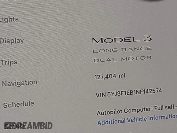2022 Tesla Model 3 Long Range with VIN 5YJ3E1EB1NF142574, listed as a IAAI auction lot 41213900 with 127,404 mi miles and . Bid and sale history available at DreamBid. Image 15.