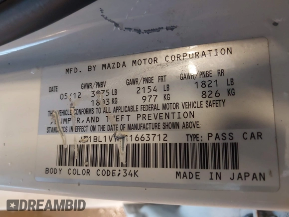 2012 Mazda Mazda3 i Touring with VIN JM1BL1V72C1663712, listed as a IAAI auction lot 41564773 with 181,151 mi miles. Bid and sale history available at carsss.com. Image 17.