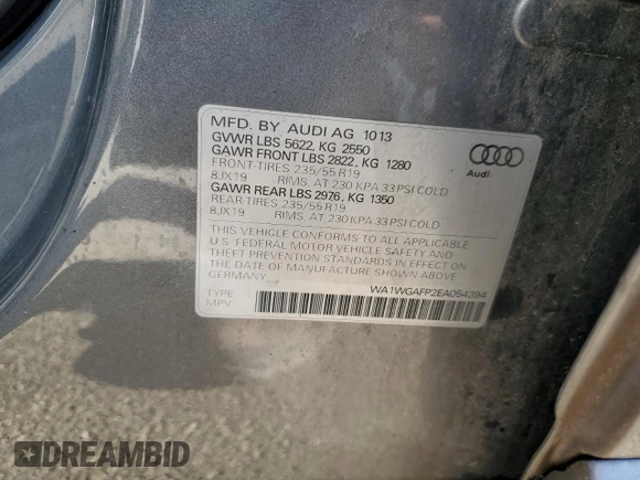 2014 Audi Q5 Prestige with VIN WA1WGAFP2EA054394, listed as a Copart auction lot 83749634 with Not provided miles and Non repairable. Bid and sale history available at DreamBid. Image 14.