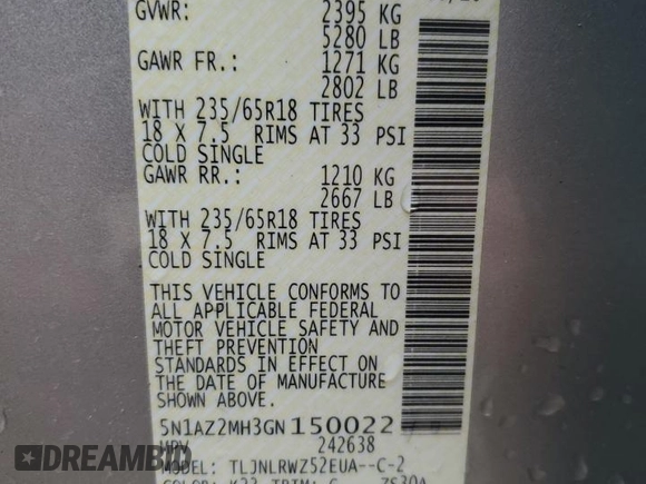 2016 Nissan Murano SL z VIN 5N1AZ2MH3GN150022, wystawiony jako Copart lot #55057025 z przebiegiem 103 327 mil mil oraz Szkoda całkowita • Salvage title. Historia ofert i sprzedaży dostępna na DreamBid. Obrazek 12.