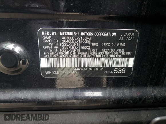 2022 Mitsubishi Eclipse Cross LE z VIN JA4ASVAA1NZ029135, wystawiony jako Copart lot #47732375 z przebiegiem 128 021 mil mil oraz Szkoda całkowita • Salvage title. Historia ofert i sprzedaży dostępna na DreamBid. Obrazek 12.