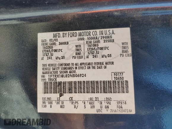 2002 Ford F-150 XL with VIN 1FTRX18L82NB06824, listed as a Copart auction lot 57342315 with 207,390 mi miles and Salvage title. Bid and sale history available at DreamBid. Image 12.