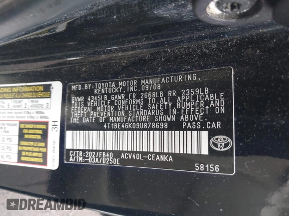 2009 Toyota Camry with VIN 4T1BE46K09U878698, listed as a IAAI auction lot 42077840 with 189,302 mi miles and . Bid and sale history available at DreamBid. Image 9.