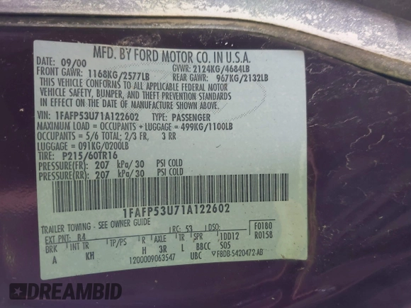 2001 Ford Taurus SE with VIN 1FAFP53U71A122602, listed as a IAAI auction lot 41929048 with 125,815 mi miles and . Bid and sale history available at DreamBid. Image 9.