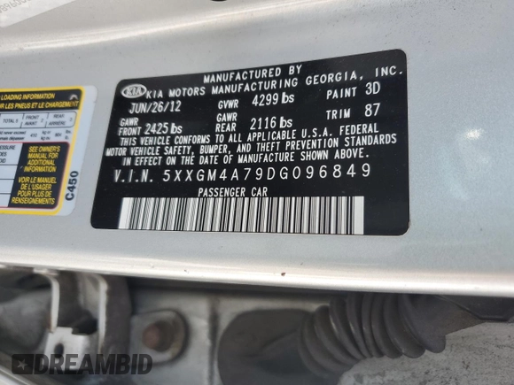 2013 Kia Optima LX with VIN 5XXGM4A79DG096849, listed as a Copart auction lot 49286675 with 184,927 mi miles and Salvage Title. Bid and sale history available at carsss.com. Image 14.