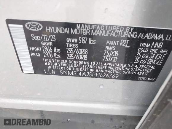 2023 Hyundai Santa Fe SE with VIN 5NMS14AJ5PH626769, listed as a IAAI auction lot 42637931 with 10,712 mi miles and . Bid and sale history available at DreamBid. Image 9.